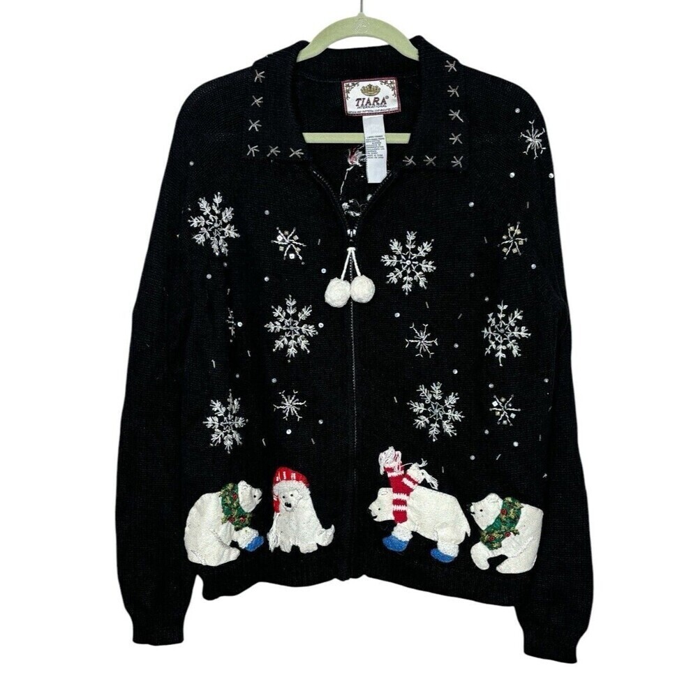 Vintage Womens 2003 Heirloom Appliquéd Polar Bears Black Christmas Sz Large